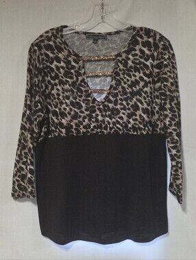 Vintage Rose Rhinestone V Neck Leapard Print Top